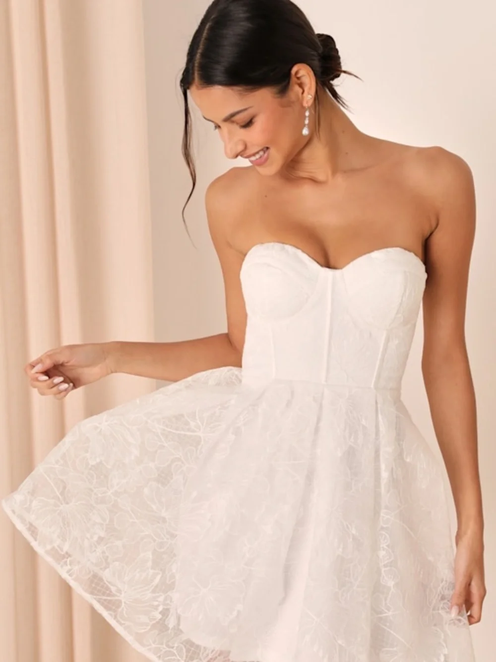 Lulus Precious Approach White Embroidered Strapless Tulle Mini Dress - Size M - Picture 1 of 1